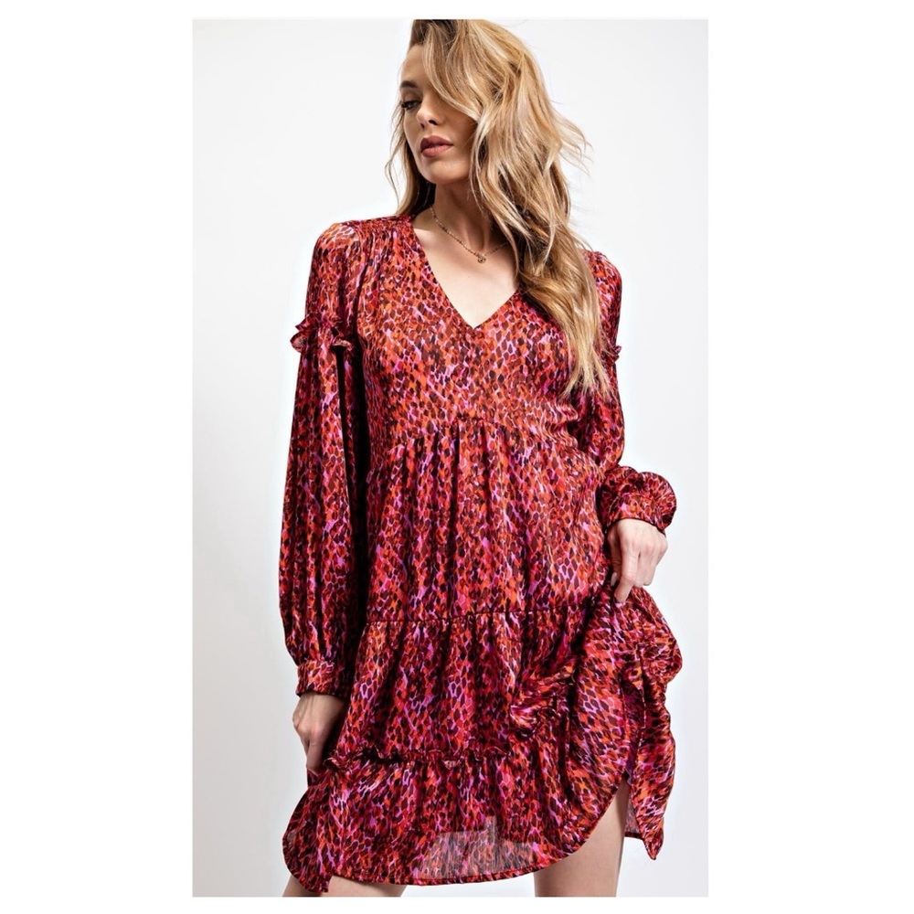 Easel Red and Pink Patterned V-Neck Long Sleeve Dress NWOT
